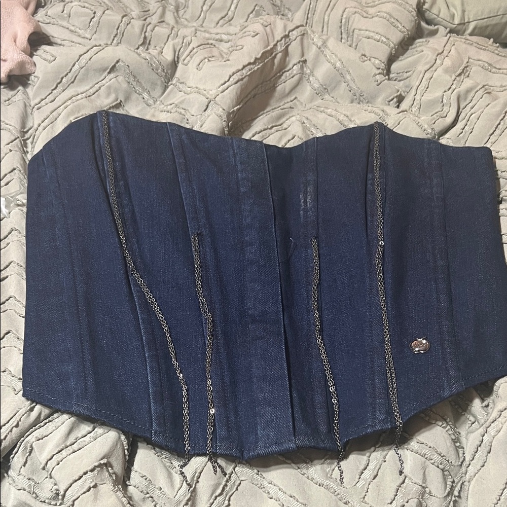 Apple Bottoms Dark Blue Denim Corset Crop Top with Chain Accents